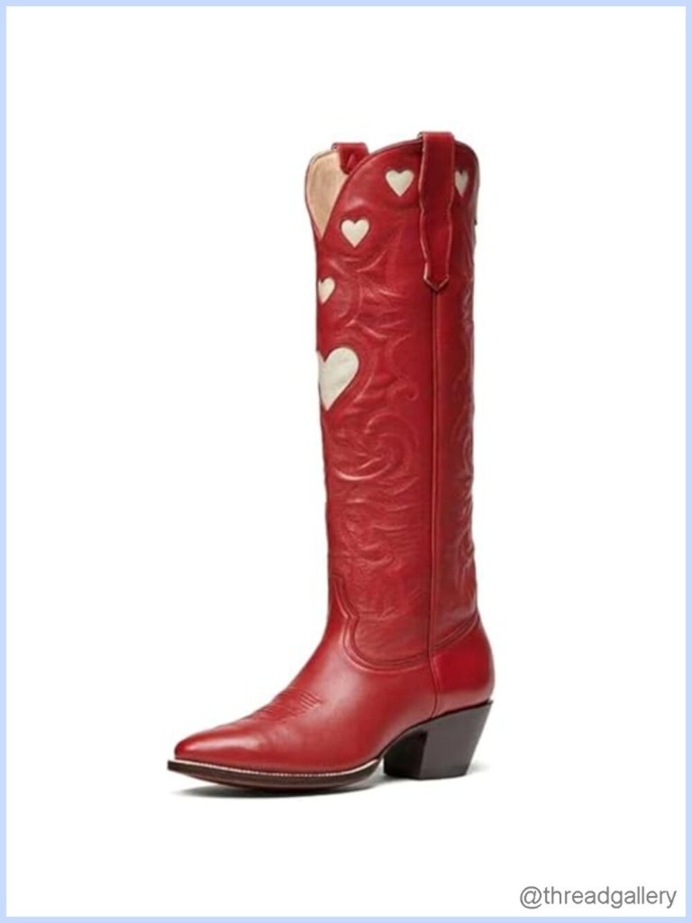 Embroidery Cowboy Boot Knee High Heart Pattern Vegan Leather Block Heel Western